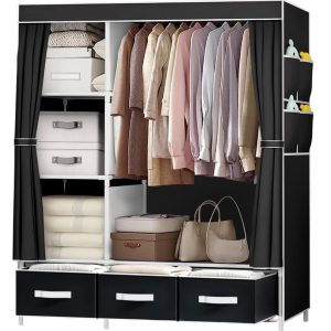 2 Door Strong Folding Wardrobe Cupboard with Fabric Drawers,For Large Space of Hanging and Storage Clothes Made with 13mm Metal Pipes